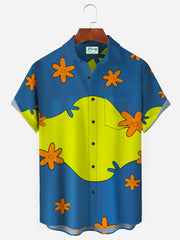 Royaura 50’s Retro Kartoon Lässig Blau Herren hawaiisch Shirts Spaß Geblümt Kunst Strecken Große Größen Aloha Tasche Lager Shirts