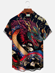 Royaura japanisch Retro orientalisch Drachen Herren Aloha Shirts Strecken Große Größen Lager Tasche Tier Knopf Shirts