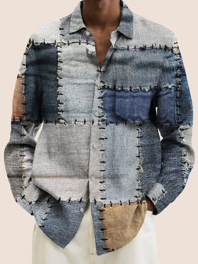 Royaura Retro Mitte des Jahrhunderts Paneeliert Print Herren Langarm Shirts Warm Bequem Lager Tasche Button-Down Shirts Groß groß
