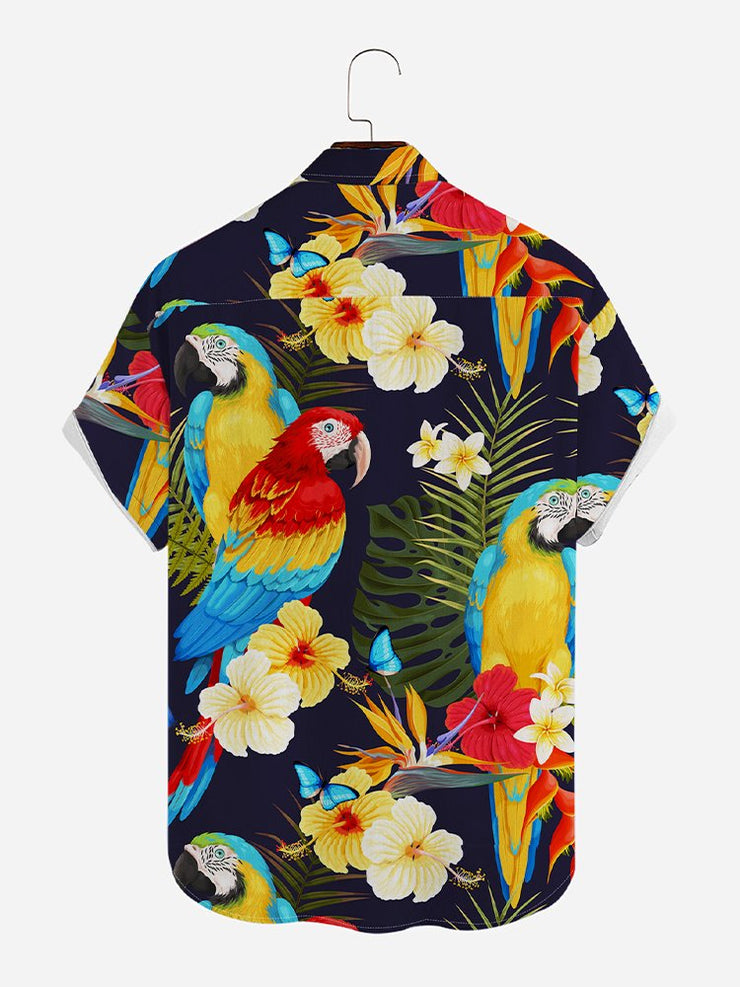 Herren Tropisch Echte Papageien Print Runden Saum Weit Kurzarm Shirts