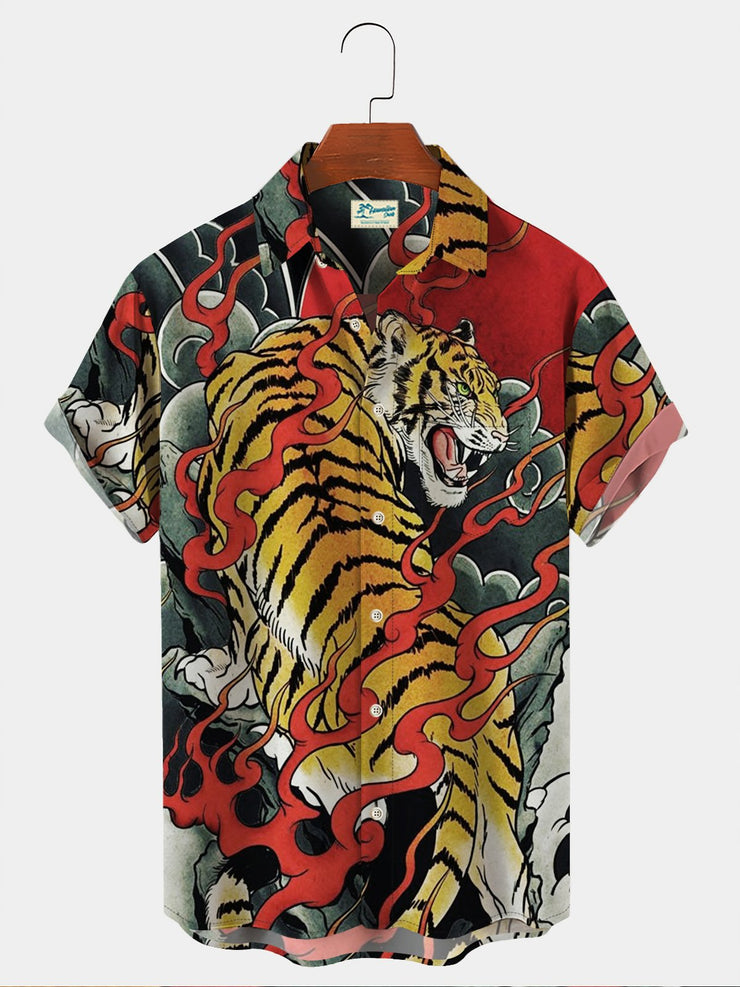 Royaura 50's Herren Retro Aloha Shirts Ukiyo-e Tiger Kunst Übergröße Strecken hawaiisch Shirts