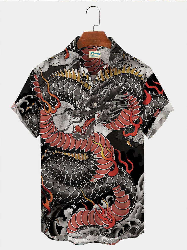 Royaura Retro japanisch Drachen Herren hawaiisch Shirts Ukiyo-e Kunst Falten Freie Seersucker Große Größen Aloha Shirts