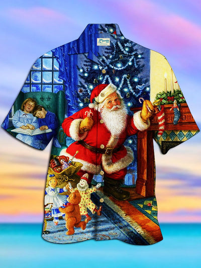Royaura Strand Urlaub Blau Herren hawaiisch Hemden Weihnachtsmann Kartoon Aloha Lager Tasche Shirts