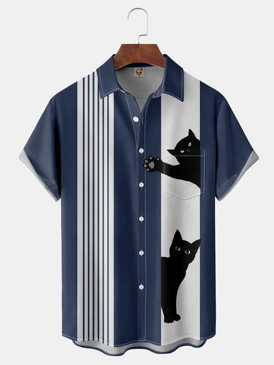 Katze Brusttasche Kurzarm Bowling Hemden
