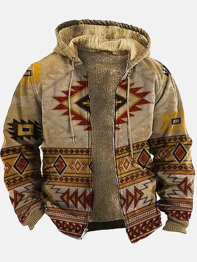 Royaura Retro aztekisch Khaki Herren Tunnelzug Kapuzenpullover Strecken Warm Vlies Ethnisch Geometrisch Kunst Pullover Sweatshirts