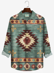 Royaura Retro aztekisch Geometrisch Kunst Herren Lässig Langarm Hemden Warm Ethnisch Totem Große Größen Lager Tasche Shirts