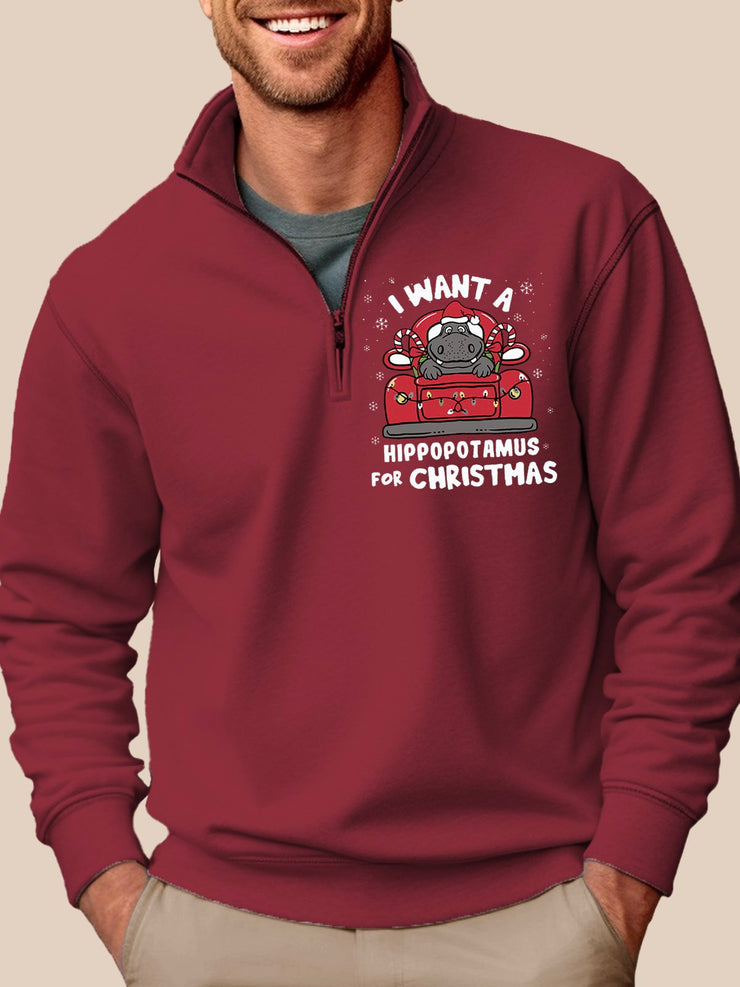 Royaura Weihnachten Urlaub Rot Herren Viertelreißverschluss Stehkragen Sweatshirt Warm Bequem Ich möchte ein Nilpferd Lustig Kartoon Hemdenn&Shirts