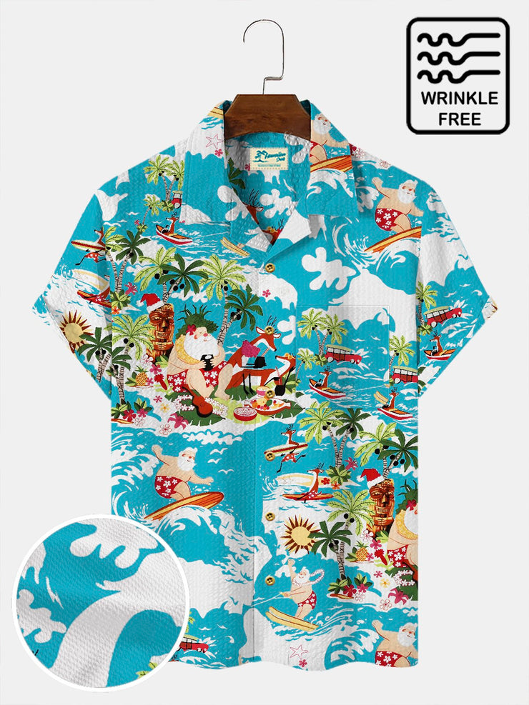 Herren Weihnachten Shirts Blau Surfen Weihnachtsmann Spaß Elch Seersucker Falten Freie hawaiisch Shirts
