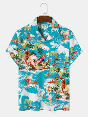 Herren Weihnachten Shirts Blau Surfen Weihnachtsmann Spaß Elch Seersucker Falten Freie hawaiisch Shirts