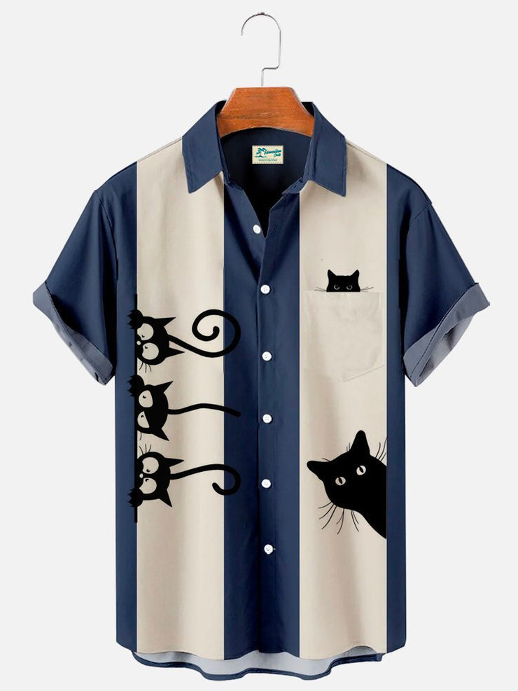 Herren Retro Bowling Katze hawaiisch Urlaub Kurzarm Hemden