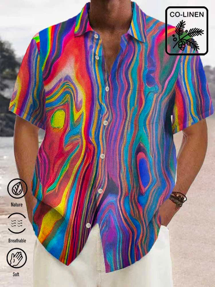Royaura Baumwolle Hanf Herren Lässig Farbverlauf Print Vorderseite Knopf Weich Atmungsaktiv Brusttasche Lässig hawaiisch Hemden