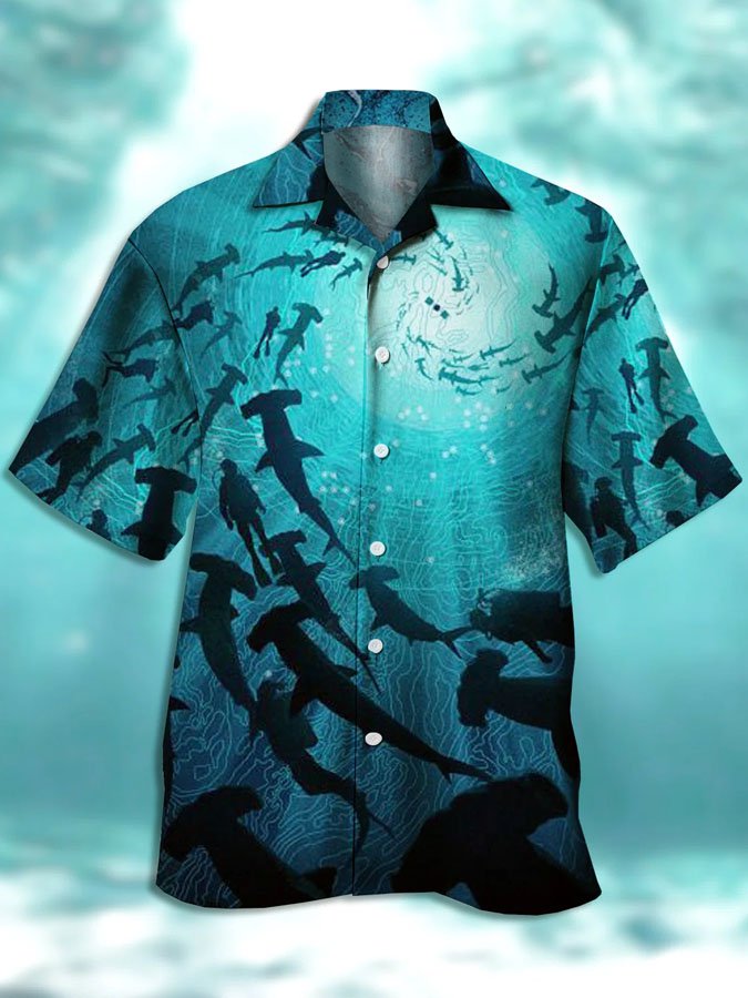 Herren Ozean Hai Print Lässig Atmungsaktiv Kurzarm Aloha Hemden