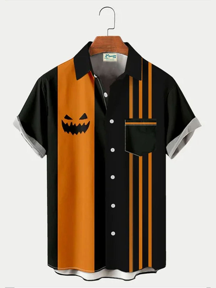 Herren Halloween Kürbis Streifen Kontrast Print Kurzarm Bowling Hemden