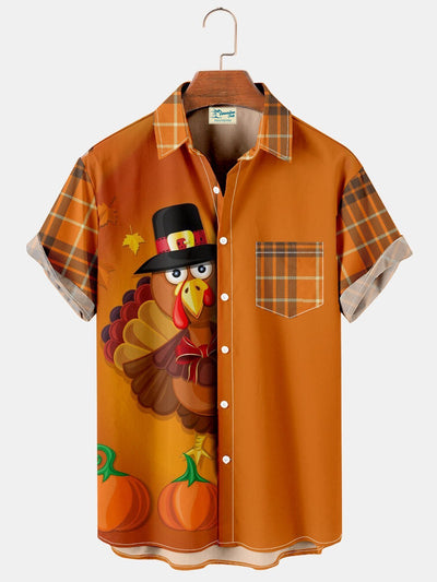 Herren Thanksgiving-Spaß in der Türkei Kariert Patchwork Print Kurzarm Hemden
