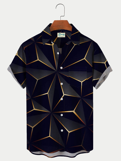 Royaura Herren Retro Golden Streifen Geometrisch Print hawaiisch Hemden Atmungsaktiv Groß und groß Shirts