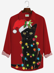 Royaura Weihnachten Katze Weihnachten Hut Print Herren Knopf Tasche Langarm Hemden