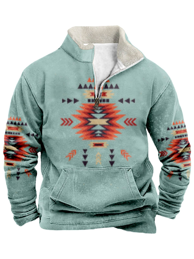 Royaura aztekisch Retro Herren Print verdickt Samt aufstehen Ausschnitt Reißverschluss Bequem warmes Sweatshirt in Übergröße Outdoor Camping-Sweatshirt