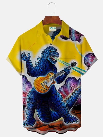 Royaura Lustiger Dinosaurier Gelb Herren hawaiisch Shirts Monster Strecken Große Größen Aloha Lager Tasche Shirts