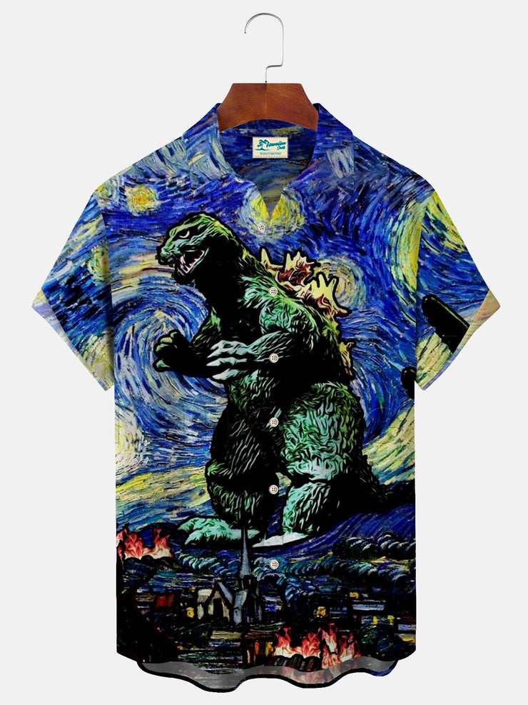 Royaura Retro Kartoon Dinosaurier Blau Herren hawaiisch Shirts Monster Strecken Falten Freie Seersucker Aloha Lager Tasche Shirts