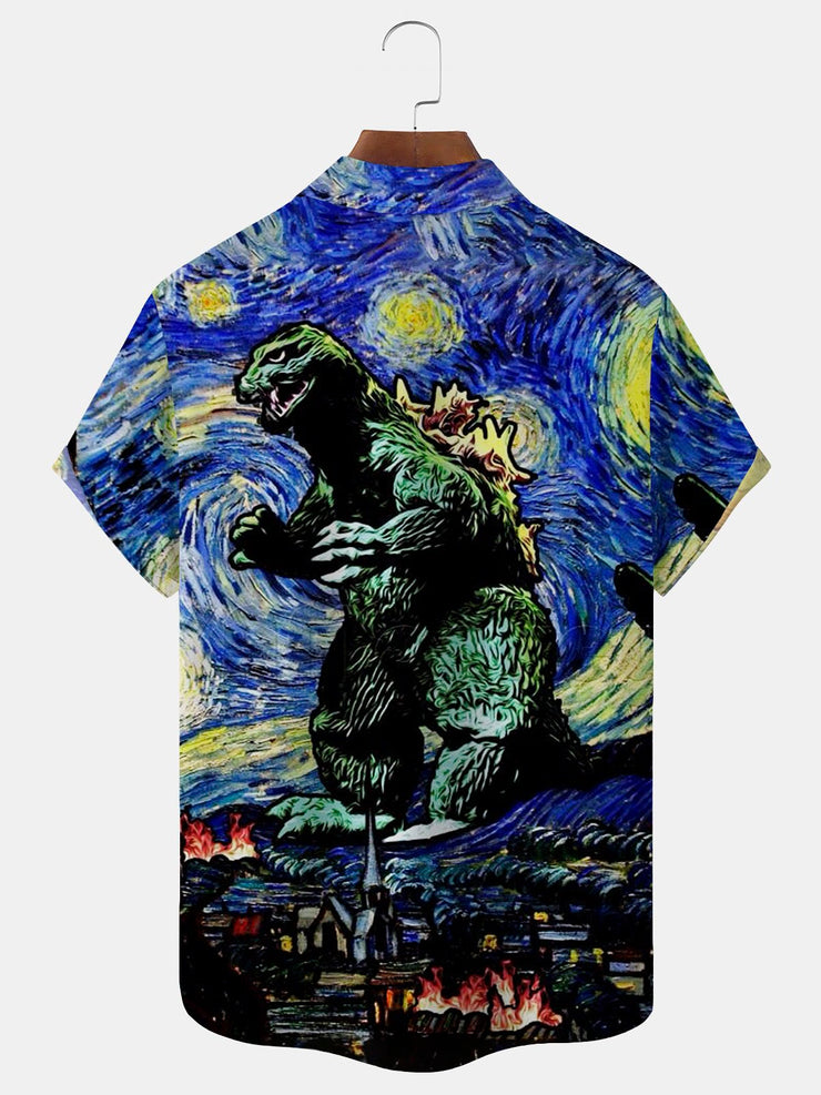 Royaura Retro Kartoon Dinosaurier Blau Herren hawaiisch Shirts Monster Strecken Falten Freie Seersucker Aloha Lager Tasche Shirts