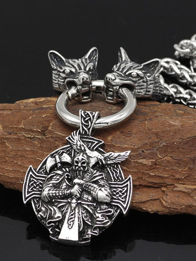 Handgemachte Massiver Wolfskopf Halskette mit Odin Warrior Pendant