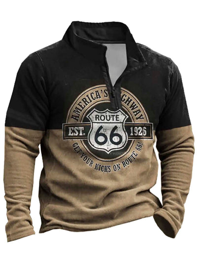 Royaura Retro Route 66 Khaki Halber Reißverschluss Stehkragen Sweatshirts Warm Bequem Pullover Sport Sweatshirts