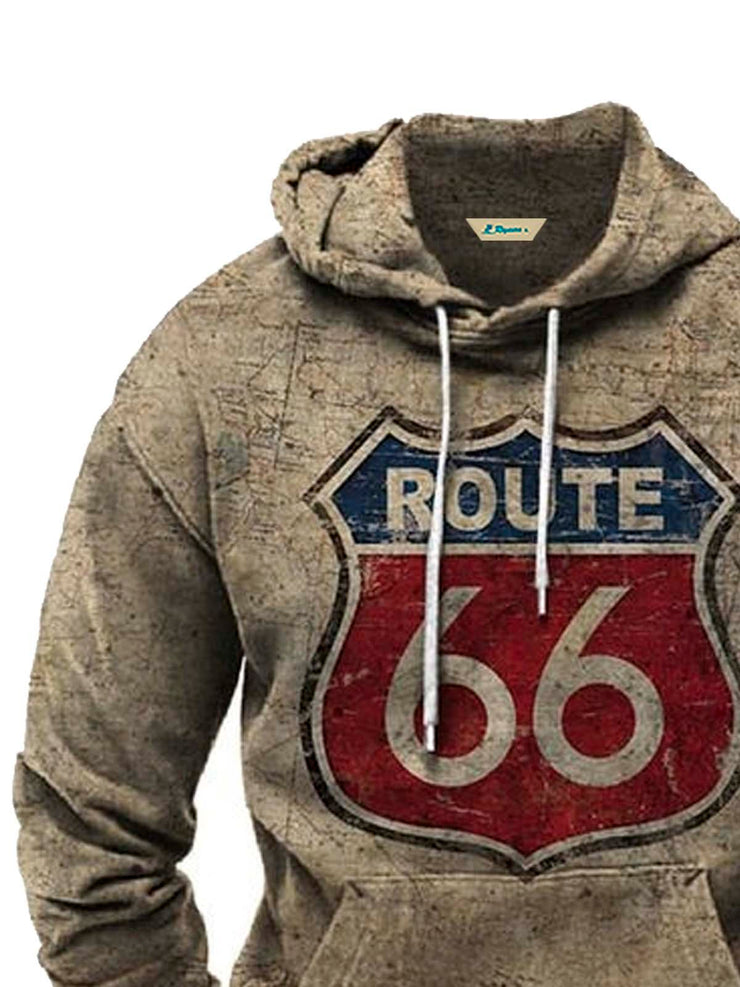 Royaura Retro Route 66 Khaki Tunnelzug Kapuzenpullover Warm Bequem Pullover Sport Sweatshirts