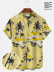 Herren Retro Falten Freie Lässig Shirts Strand Palmen-Sonnenuntergang Seersucker Hemdenn&Shirts