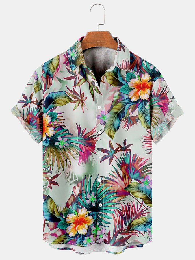 Herren Tropisch Pflanze Blumenmuster Retro Kurzarm hawaiisch Hemden