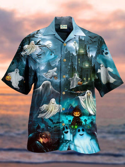 Herren Halloween Sag Buh und gruselig Print Kurzarm hawaiisch Hemden