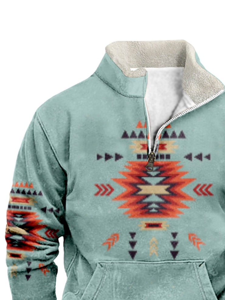 Royaura aztekisch Retro Herren Print verdickt Samt aufstehen Ausschnitt Reißverschluss Bequem warmes Sweatshirt in Übergröße Outdoor Camping-Sweatshirt