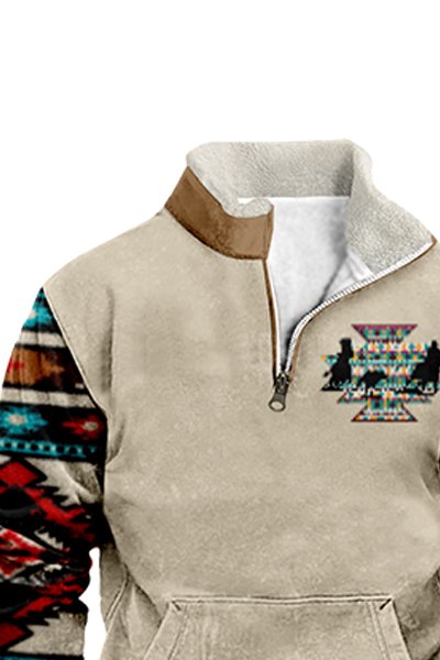 Royaura aztekisch Retro Herren Print verdickt Samt aufstehen Ausschnitt Reißverschluss Bequem warmes Sweatshirt in Übergröße Outdoor Camping-Sweatshirt