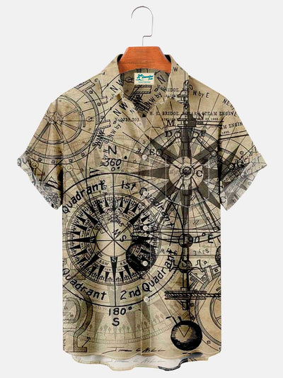 Royaura Retro Navigationskartenkompass Print Brust Tasche Hemden Große Größen Hemden