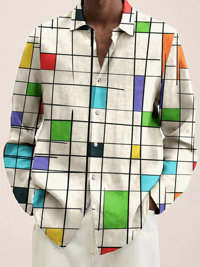 Royaura Geometrisch Kunst Kontrast Farbe Herren Lässig Langarm Hemden Strecken Große Größen Lager Button-Down Hemden
