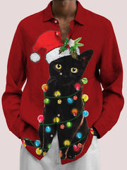 Royaura Weihnachten Katze Weihnachten Hut Print Herren Knopf Tasche Langarm Hemden