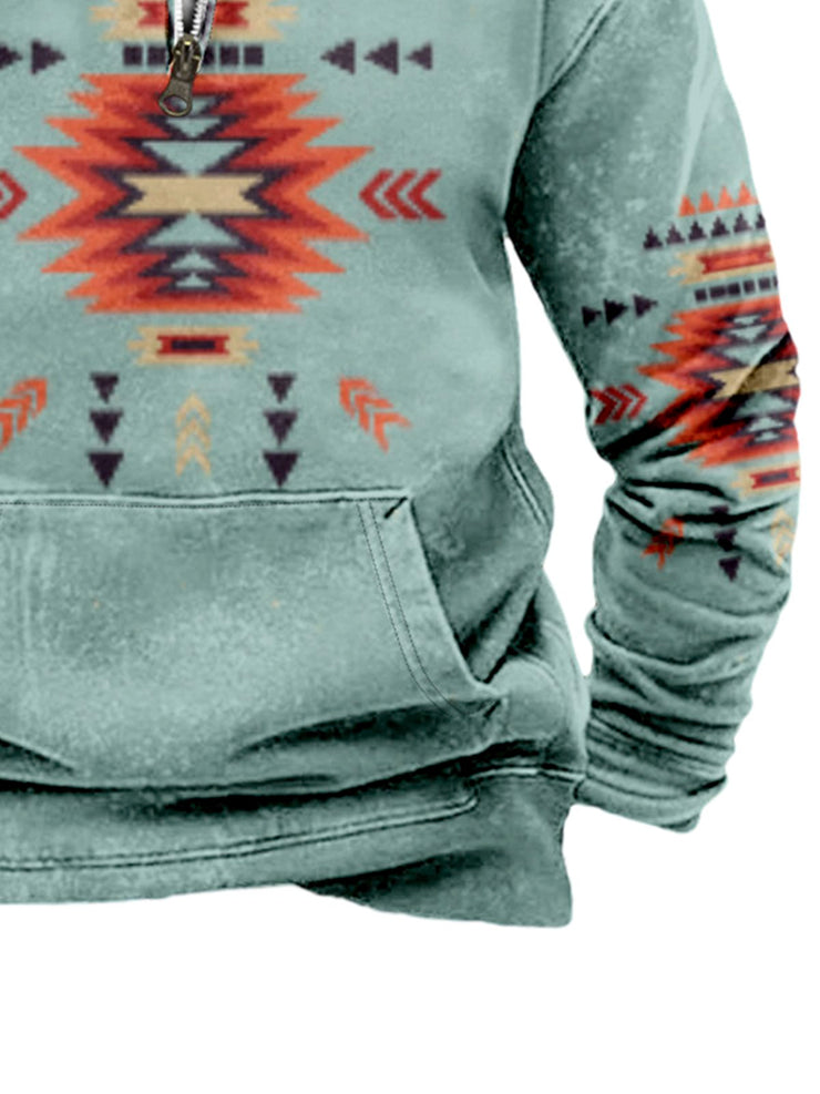 Royaura aztekisch Retro Herren Print verdickt Samt aufstehen Ausschnitt Reißverschluss Bequem warmes Sweatshirt in Übergröße Outdoor Camping-Sweatshirt