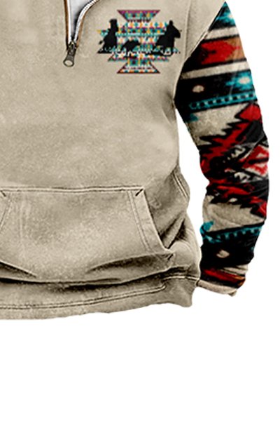 Royaura aztekisch Retro Herren Print verdickt Samt aufstehen Ausschnitt Reißverschluss Bequem warmes Sweatshirt in Übergröße Outdoor Camping-Sweatshirt