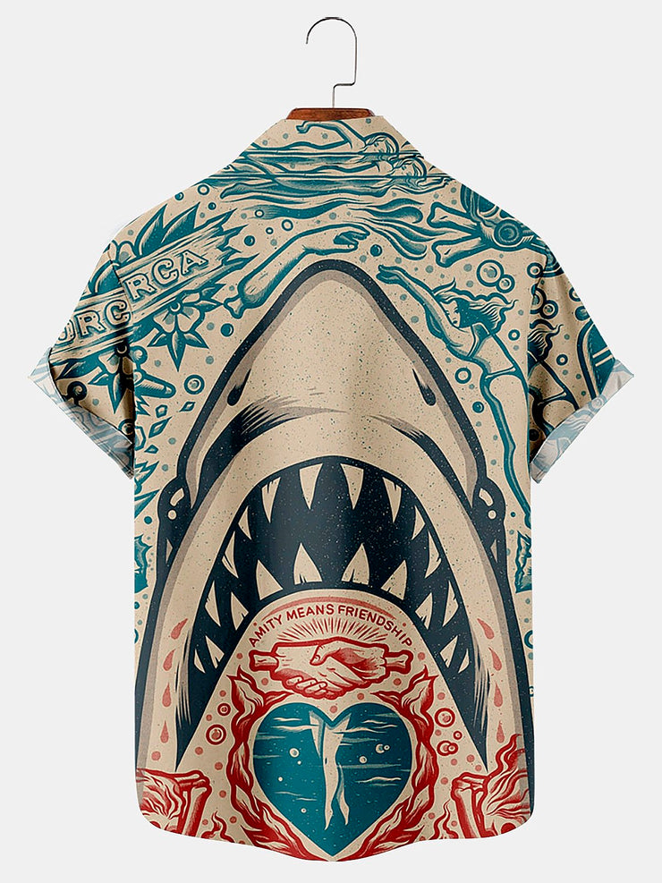 Royaura Retro Hai Ukiyo-e Herren Knopf Tasche Hemden
