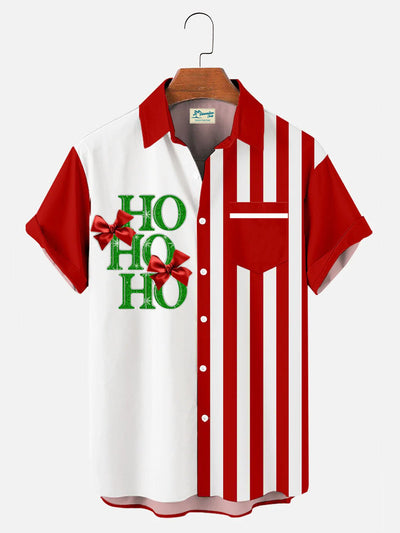 Herren Weihnachten Musik Kontrast Streifen Print Kurzarm Bowling Hemden