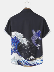 Herren Welle & Karpfen Ukiyoe Print Revers Kurzarm japanisch Stil Shirts