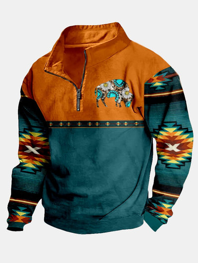 Royaura Herren aztekisch Einheimisch amerikanisch Bison Print Retro Tunnelzug Kapuzenpullover