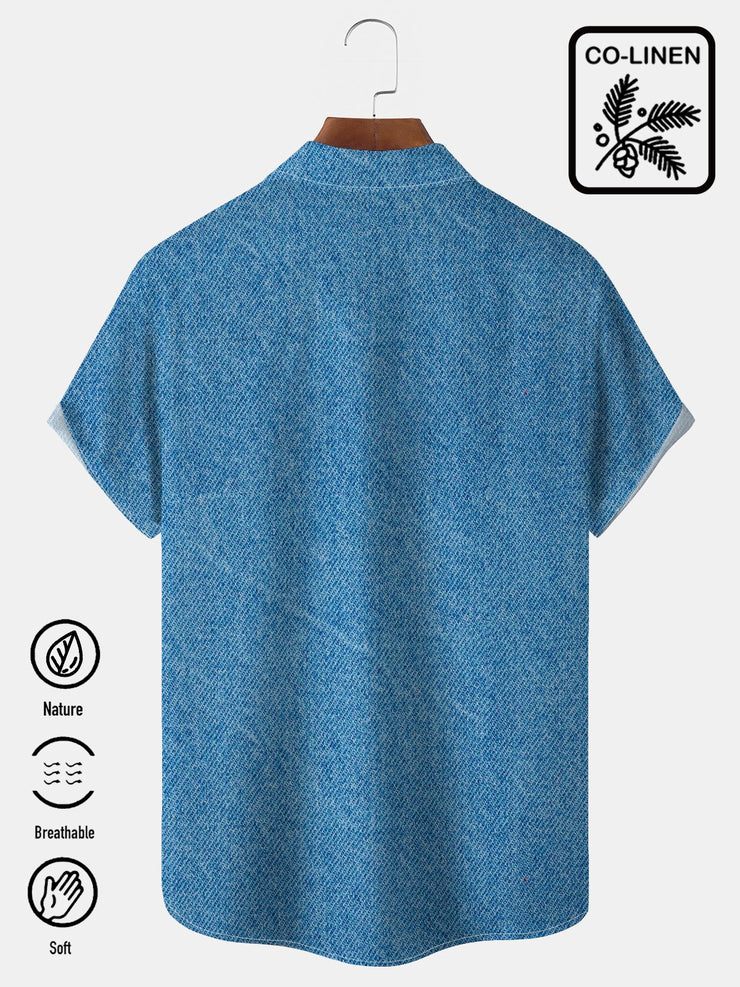 Royaura hawaiisch Blau Leinen Denim Nachahmung Kokosnuss Baum Print Brusttasche Urlaub Hemden übergroß hawaiisch Hemden