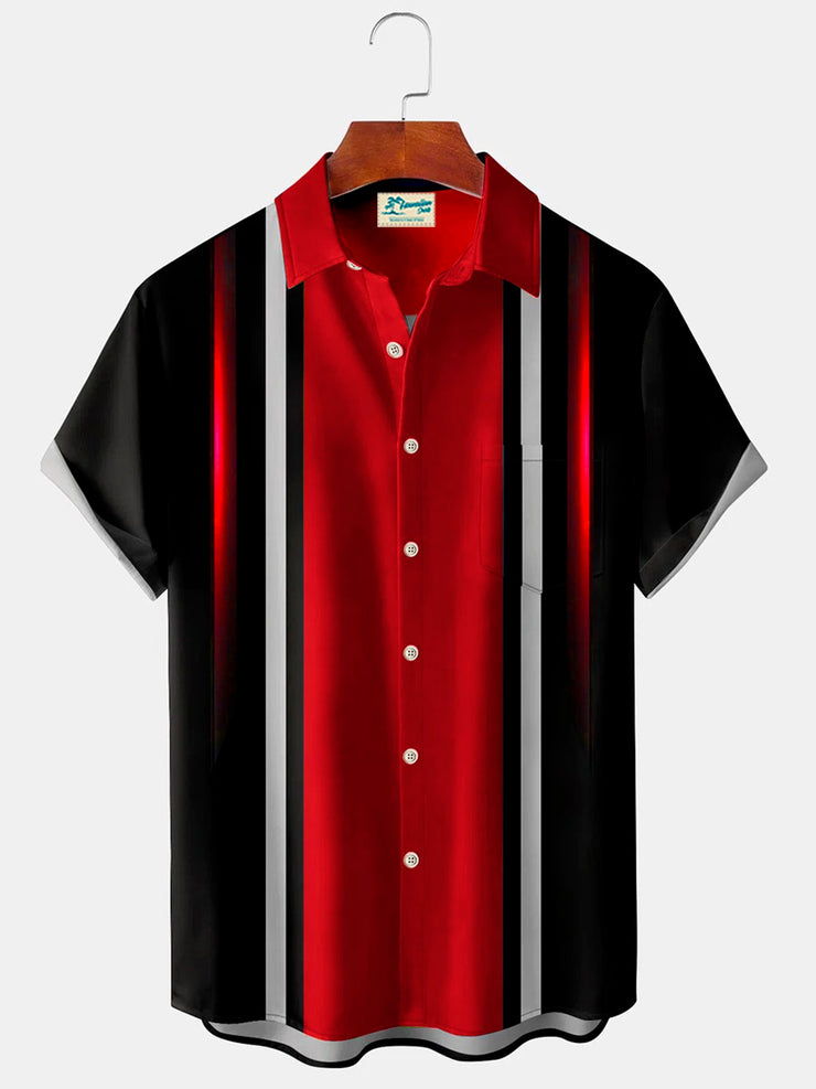 Royaura Schwarz Retro Bowling Rot Farbverlauf Linie Print Brust Tasche Hemden Brauch Hemden Designer