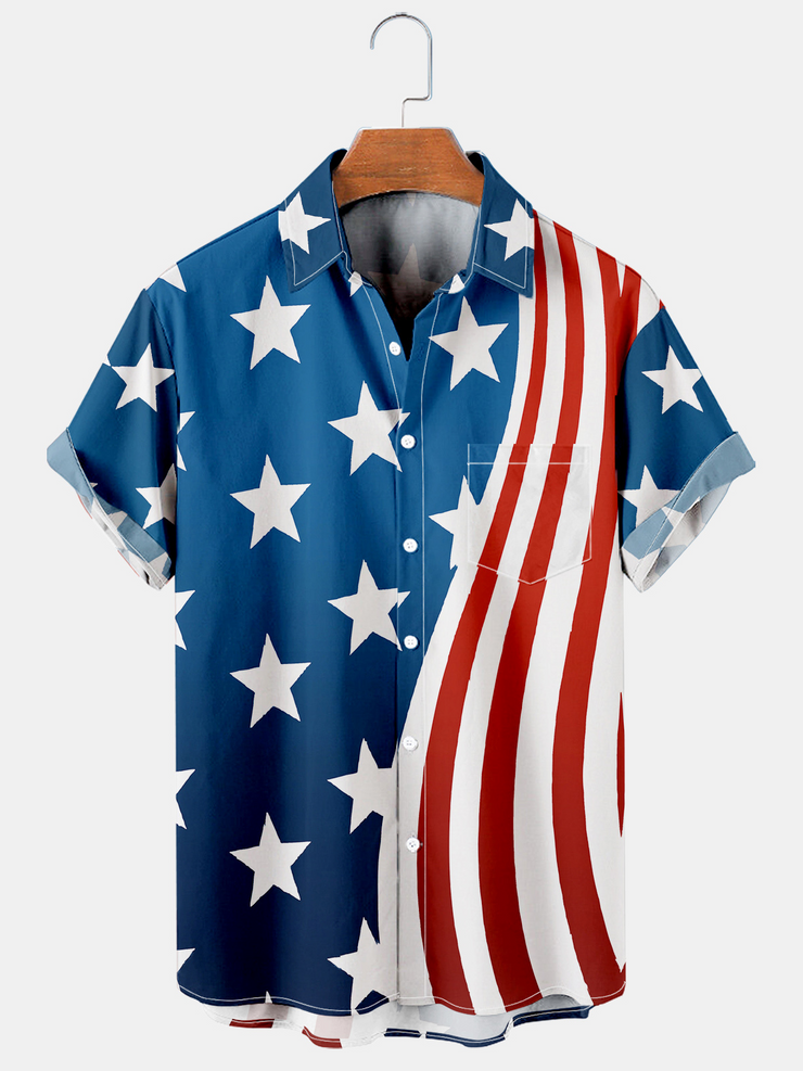 Herren amerikanisch Flagge Lässig Atmungsaktiv Brusttasche Kurzarm hawaiisch Hemden