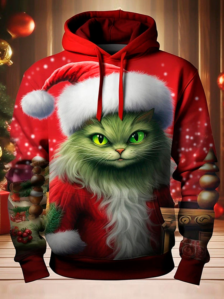 Royaura Herren Weihnachten Katze Print Tunnelzug Mit Kapuze Sweatshirt