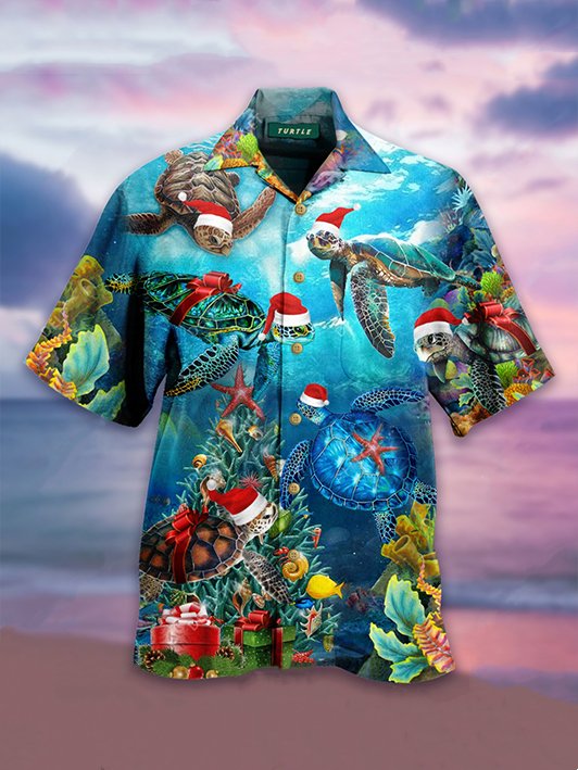 Herren Weihnachten Schildkröte Print Weit Kurzarm hawaiisch Shirts