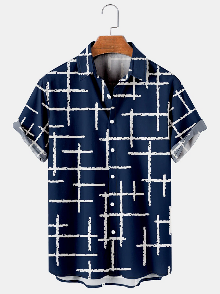Herren Marineblau Lässig Geometrisch Kurzarm Shirts