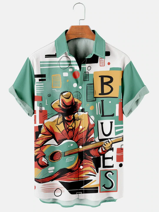 Herren Lässig Einfach BLUES Musik Gitarre Print Kurzarm hawaiisch Hemden
