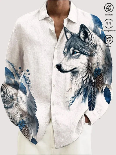 Royaura Tier Wolf Ethnisch Print Herren Knopf Tasche Langarm Hemden