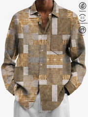 Royaura 50’s Retro Mitte des Jahrhunderts Geometrisch Khaki Herren Shirts Strecken Große Größen Aloha Lager Tasche Langarm Shirts